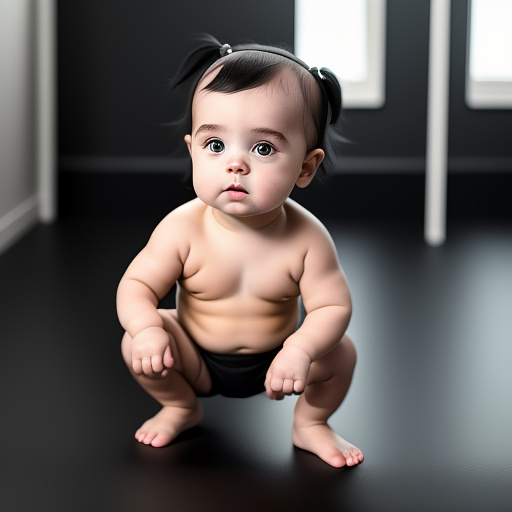 Realistic, baby 1-year-old billie eilish, black bikini standing pose in custom style