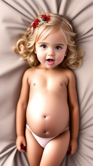 Realistic, detailed, 4-year-old blonde girl, pregnant, wedding outfit, showing belly, laying in bed, top down full body view, red blush, dark skin, mouth open,  in custom style