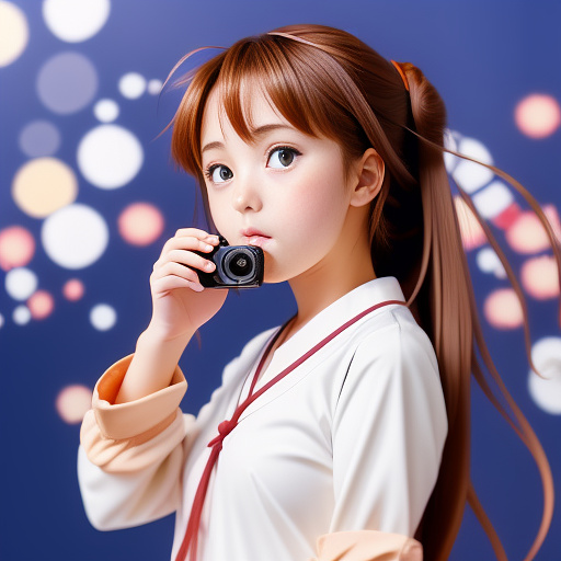 Curious anime girl eating a camera in anime style