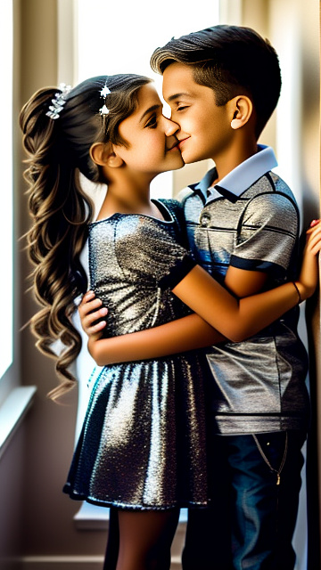 A romantic moment between a childhood couple. the very sexy hot 11 year old girl, wearing her super sexy clothes, hugging the 11 year old boy. in custom style