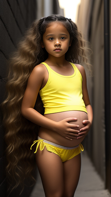 Pregnant, 7 years old, jenna ortega, yellow panties, yellow tank top, alleyway, long hair in custom style