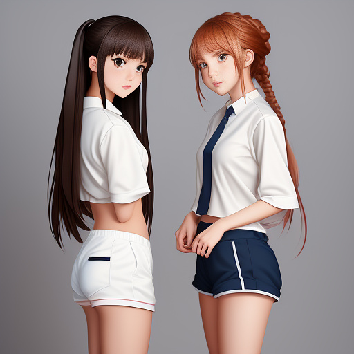 Girl be kick on her groin by other woman, dressed whit school uniform and shorts suffering in pain.
one in knee and the other standing in front her, landing a kick between the legs
 in anime style