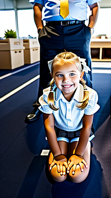 White, blonde, smiling, girl 7 years old on her knees facing sideways towards a 35yr-business-man, show both people fully in picture, in custom style