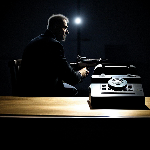 In a dark room, there is a telephone and a gun on the table. a man is sitting on a chair, and he is dead. in custom style