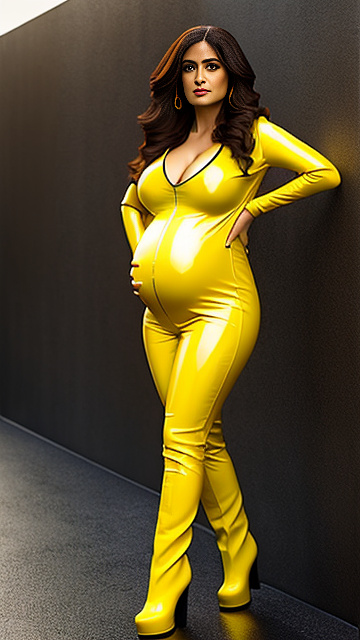 Realistic, detailed, pregnant, salma hayek, yellow latex, boots, full body, in custom style