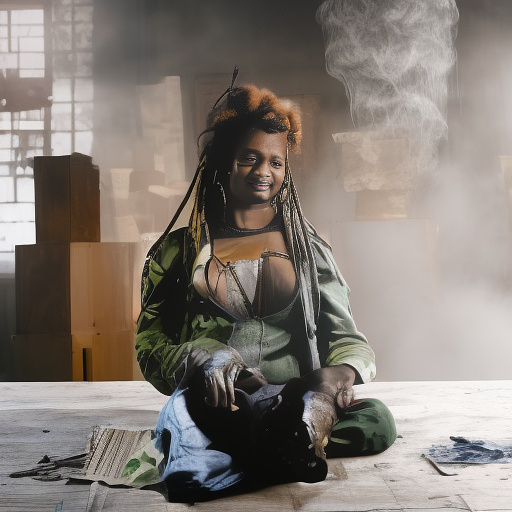 A black rastafarian is sitting on a worktable, smiling happily and smoking. the room is smoky. in custom style