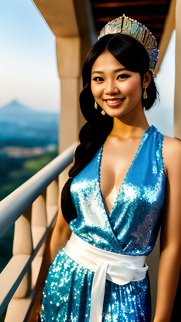 A young thai woman, smiling, in a blue thai dress, decorated with sequins and lace, wearing a white sash, decorated with sequins and lace, is drinking milk. make your hair into a long ponytail. the hair ornament is a diamond. jewelry with diamonds backdrop: balcony, waterfall, mountains, soft light, smog,ue5,no wear anything,naked,big bust,big cleavage,big chest,bare,slender body,white skin,very realistic,full body and smile,the background is bright and bright. in egypt style
