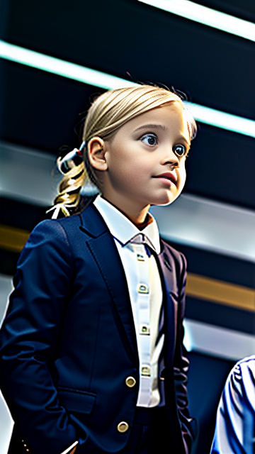 White, blonde, girl 7 years old  looking up at 35yr-business-man, show both people fully in picture, in custom style
