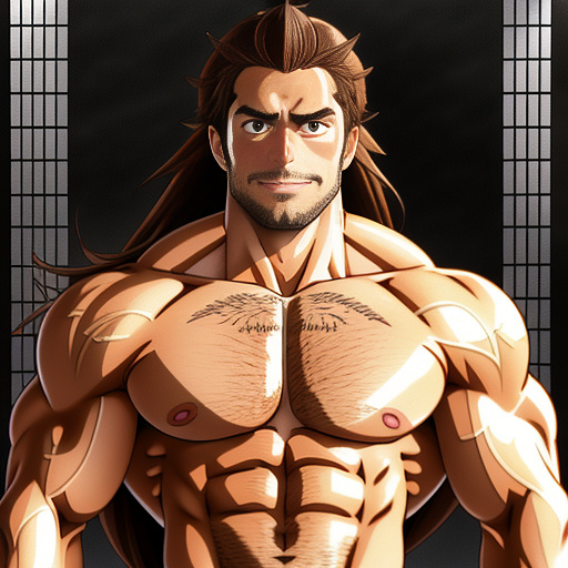 Muscle bara stud
huge pecs
huge chest
long light brown hair
beard 
 in anime style