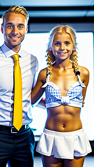 White cute smiling white 8 year blonde girl,  hands behind head, on knees,  blond 30-year-old-business man, standing behind her, both people shown in picture, girl has a body of a 8 year old and man has the body of a 30 year old, in custom style