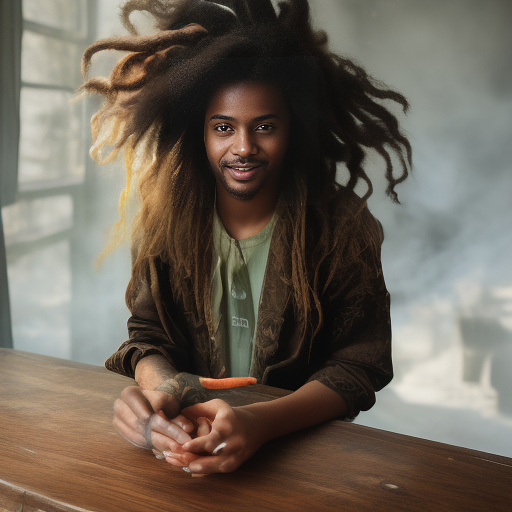 A black rastafarian is sitting on a worktable, smiling happily and smoking. the room is smoky. in custom style