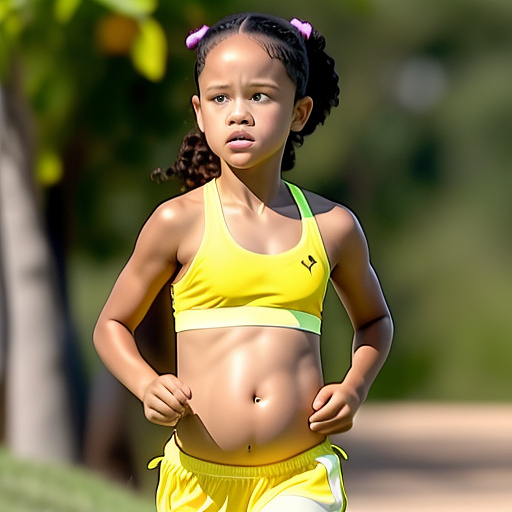 7yrs old pregnant jenna ortega, in yellow bikini, while jogging, with real face detially  in custom style