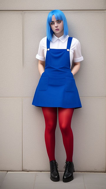 Billie eilish wearing a blue pinafore dress with red tights. in custom style