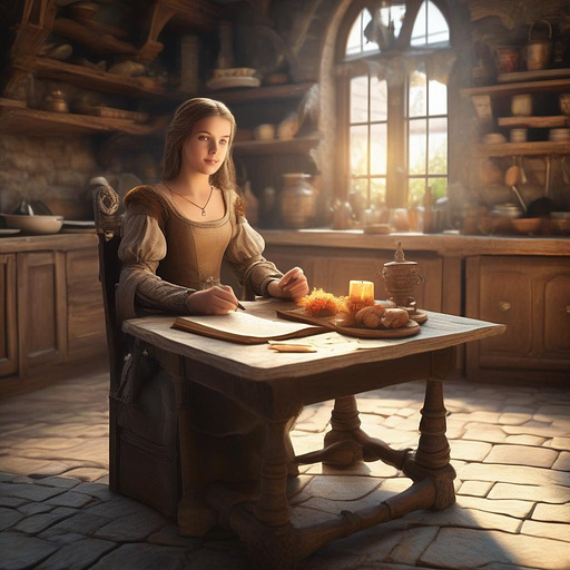 A storybook sitting on a table in a warm medieval kitchen in fantasy style