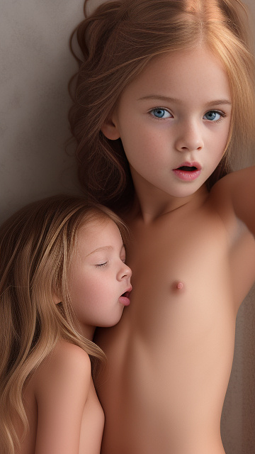 A 9-year-old naked girl is sucking another girl's breast. in custom style