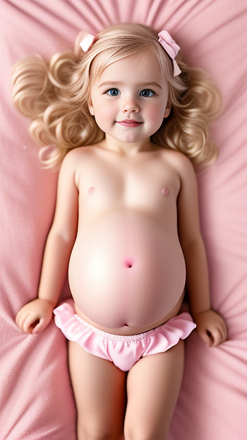 Realistic, detailed, 3-year-old blonde girl, pregnant, pink wedding outfit, showing belly, laying in bed, top down full body view, red blush, pink heart on cheek in custom style