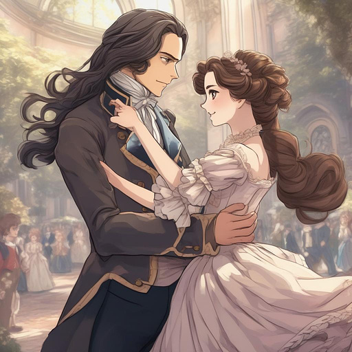 A young earl with long black wavy hair in an 18th century costume dances with a young countess with long brown hair pulled back into a neat hairdo wearing a victorian era dress in anime style