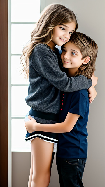 A romantic moment between a childhood couple. the 11 year old sexy hot girl, wearing her super sexy casual clothes hugging the 11 year old boy. in custom style