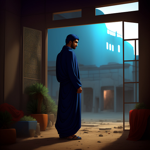 A young arab man is a prisoner in arab clothing and an arab headscarf
the prison is dark and scary
he is standing with his back to the camera and the image, and his clothes are torn
outside the prison is the desert and dust in anime style