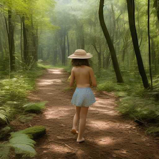 A 9-year-old girl is skipping along a forest path. she has a basket in her hands and a sun hat on her head. she's naked in custom style