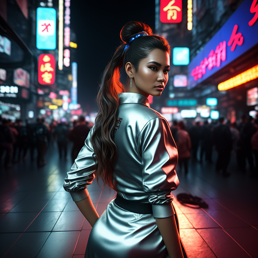 Cyborg cinderella with brown hair in a messy ponytail in a silver ball gown with grease stains on it
attending a chinese lunar festival in cyberpunk style