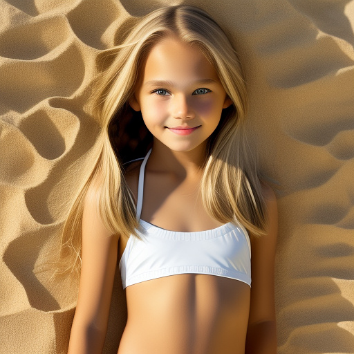 9-year-old caucasian white girl, cute, straight blonde hair, wearing white bikini in custom style