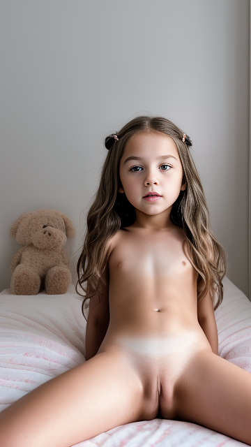 A 7-year-old girl lies naked on a bed and masturbates. in custom style