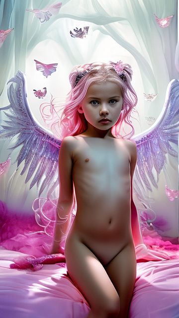 A 7-year-old girl lies naked on a bed and masturbates. in angelcore style