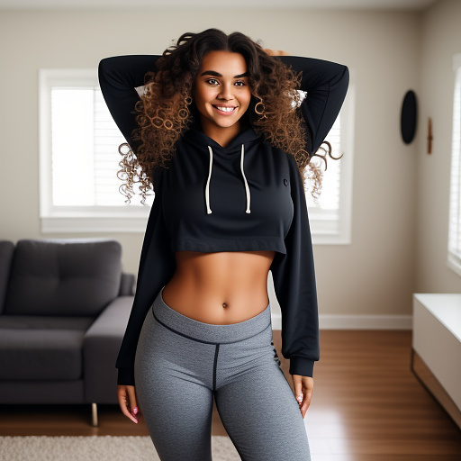 Sexy brunette college student with big boobs and her arms up and with curly hair and in a loose long sleeve cropped hoodie and leggings and showing her belly and her legs and standing in the living room and full body picture in custom style