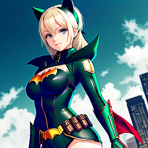 Batman and blonde female robin she is dressed in green and red
 in anime style