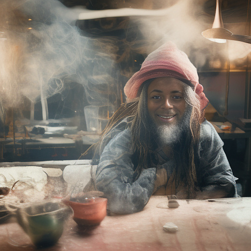 A black rastafarian is sitting on a worktable, smiling happily and smoking. the room is smoky. he's wearing a pink cap. in custom style