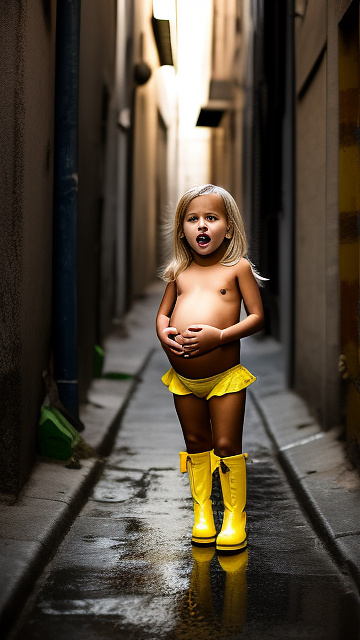 Pregnant, 7-years-old-blonde-girl, topless nude, alleyway, screaming in pain, yellow boots in custom style