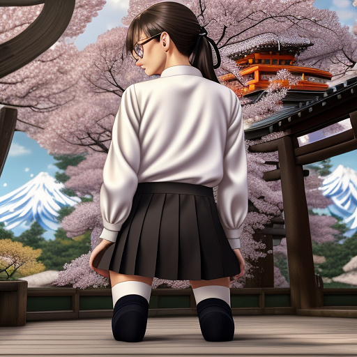 Ultra realistically a 22 year old german girl with a black braid with glasses and brown eyes 1.70 tall thin in schoolgirl uniform kneel on a chair her underwear is open in the crot you can see her vagina and her anus from very close in anime style