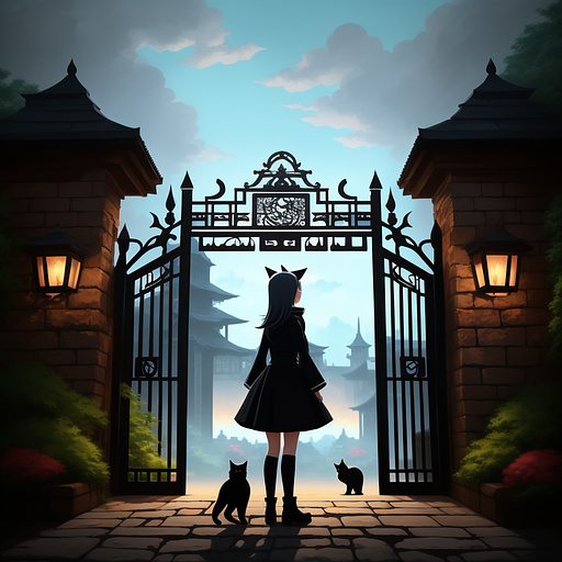 A white background with a girl in a black dress standing with her back to the watcher under a brick gate holding a dager coming out of her sleave with one black cat on top of the gate in anime style