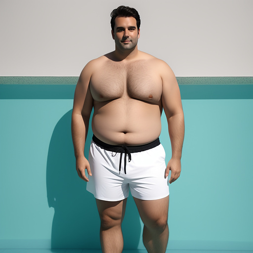 Full body obese dark haired white man without beard in swimshorts and big belly in custom style
