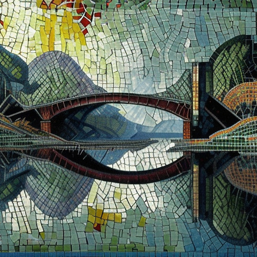Image of bridge from the perspective of about to cross over it but destination is unclear in watercolour style in mosaic style