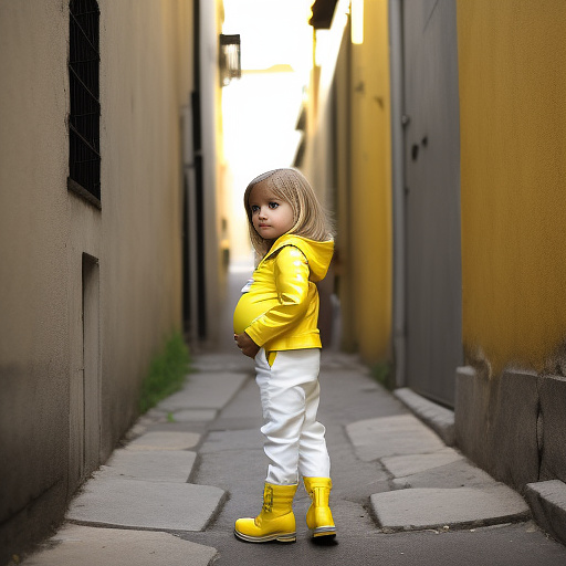 Pregnant, 7-years-old-white girl, yellow jumpsuit, yellow boots, backalley in custom style