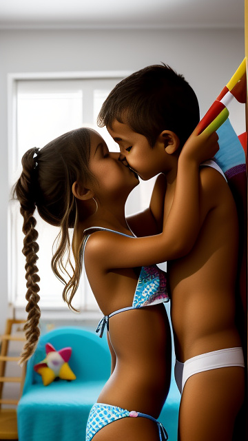 Un momento romántico entre una pareja de niños en una acogedora habitación. la atractiva chica de quinto de primaria, con su bikini fino, le da un tierno beso al chico de quinto de primaria. in custom style