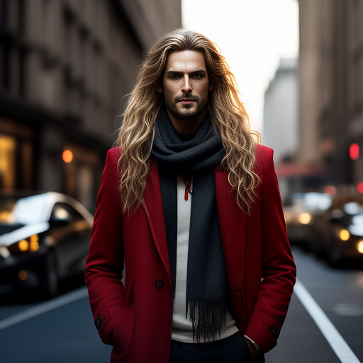 Male, tall, long blonde hair, wavy hair, round sunglasses, red coat, long coat, skinny face, pale skin, red scarf, young, inhuman smile, full body, in sci-fi style