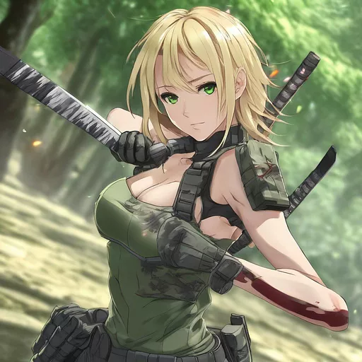 Woman katana small breasts topless call of duty action blonde green eyes  in anime style