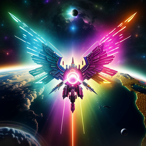 A cheerful transformer flies through space against the backdrop of planets. in angelcore style