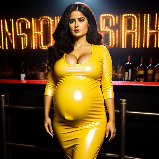 Pregnant, salma hayek, yellow latex, nightclub  in custom style
