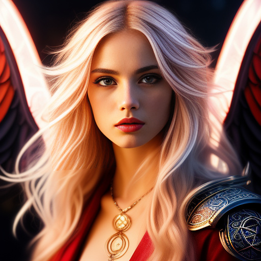 Woman with blue eyes,blond hair with red cerset in angelcore style