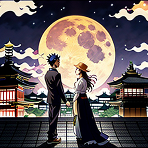 A man and a woman on the roof of a building. behind them are the beautiful yellow moon and buildings. it is night. in anime style