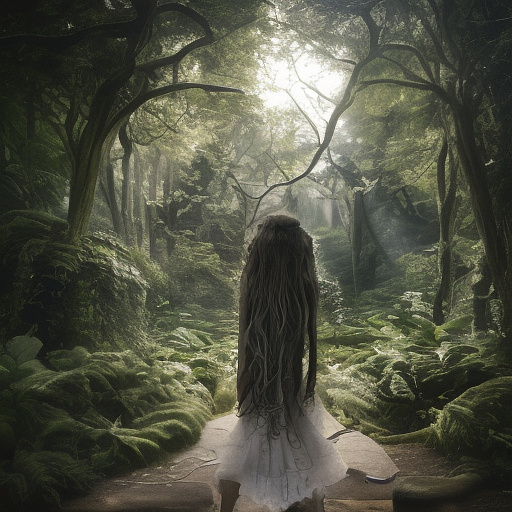 This is highly aesthetic picture that shows majestic green forest. in the middle of the picture there is a big circle shaped portal into another dimension, the edges of the portal are beautifully blurry naturally blending with the forest. the shown in the portal other dimension is space, cosmos with black mysterious space and a lot of stars. the picture symbolizes how a human discovers something greater than oneself. in front of the portal there is a figure of a young woman standing, she has long wavy hair. she is facing the portal in eternal awe and is to be seen only from behind. near the woman standing a big white wolf also facing the portal, the woman has her hand casually laid on the wolf’s scruff. in custom style