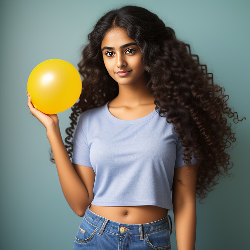 "create an image of a young indian woman named zooni, who has long, unruly curly hair. she has a warm, tanned complexion and is wearing a casual outfit consisting of a loose-fitting blue t-shirt and faded jeans. she is holding an inflated, dark purple, 18-inch round balloon with one hand, and her other hand is gently stroking the surface of the balloon. her facial expression should convey a sense of pleasure and contentment." in anime style