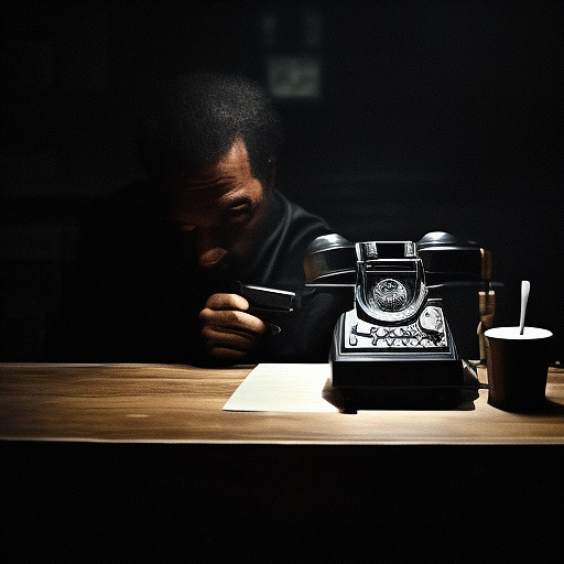 In a dark room, there is a telephone and a gun on the table. a man is sitting on a chair, and he is dead. in custom style