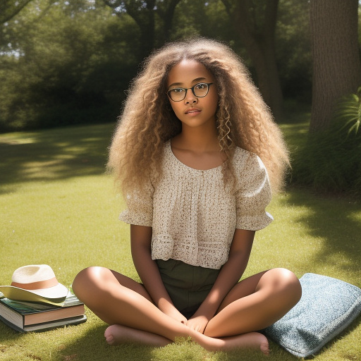 Four 13-year-old girls sit on a picnic blanket in a sun-dappled park:

nia: she has short, brown, curly hair that frames her face. her dark skin glows in the warm sunlight, and she wears oversized glasses perched on her nose. nia is engrossed in a book.
lena: her long, brown hair falls down her back, catching the breeze. with medium skin tone, she sits cross-legged, a small notebook resting on her lap. her pen in her hand.
ella: the girl with long, blonde hair seems lost in thought. her very pale skin contrasts with the vibrant green grass. her expression is serious, brows furrowed.
ruby: the redhead, her curly hair woven into a messy plait, radiates energy. her light skin freckles in the sunlight. ruby kneels beside a friendly dog, their laughter blending with the rustling leaves in custom style