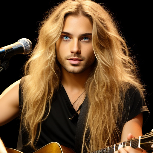 An attractive singer playing his guitar in a concert, long blond hair, light green eyes, amazing expression on his face, audience throws black roses in custom style