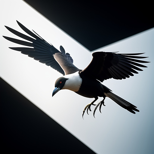Magpie flying from above, spoon in beak, only back and camera from top to back from behind in sci-fi style